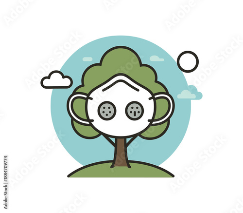 Flat vector illustration of air pollution prevention mask tree and sky soft rounded forms eco awareness style