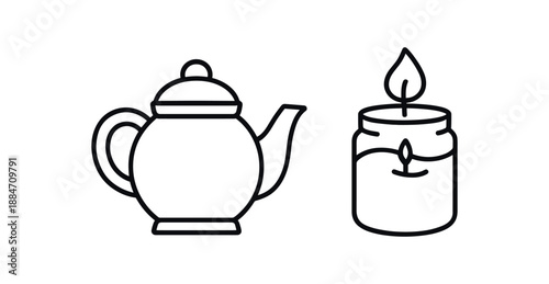 two cozy home teapot and candle flat vector illustration clean black line art minimal detail no color white background isolated composition