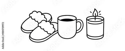 three cozy home things slippers mug and candle flat vector illustration clean black line art minimal detail no color white background isolated composition
