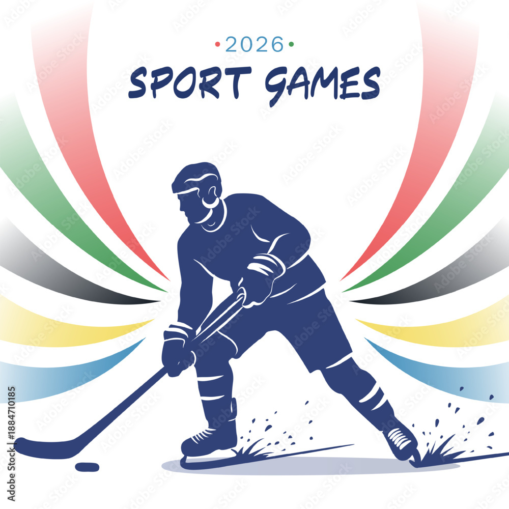 Obraz premium Winter sport games 2026 ice hockey vector poster. Hockey player silhouette shooting puck with dynamic Olympic rainbow ribbons in colors. International winter sports event banner, card