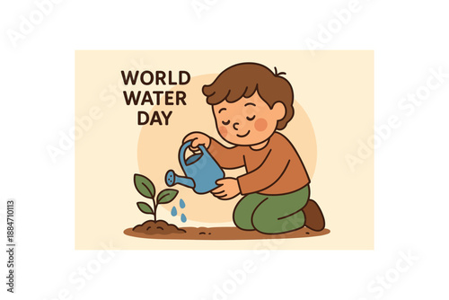Flat vector illustration of child planting seedling and pouring water carefully soft world water day cozy eco style