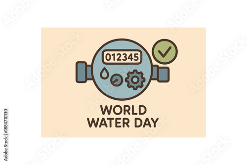 Flat vector illustration of water meter and small checkmark for saving soft world water day cozy eco style