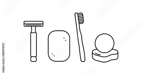four zero waste bathroom items safety razor bar soap bamboo toothbrush and shampoo bar flat vector illustration clean black line art minimal detail no color white background isolated