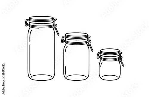 three zero waste pantry storage tall glass jar medium jar and small jar with airtight lids flat vector illustration clean black line art minimal detail no color white background isolated