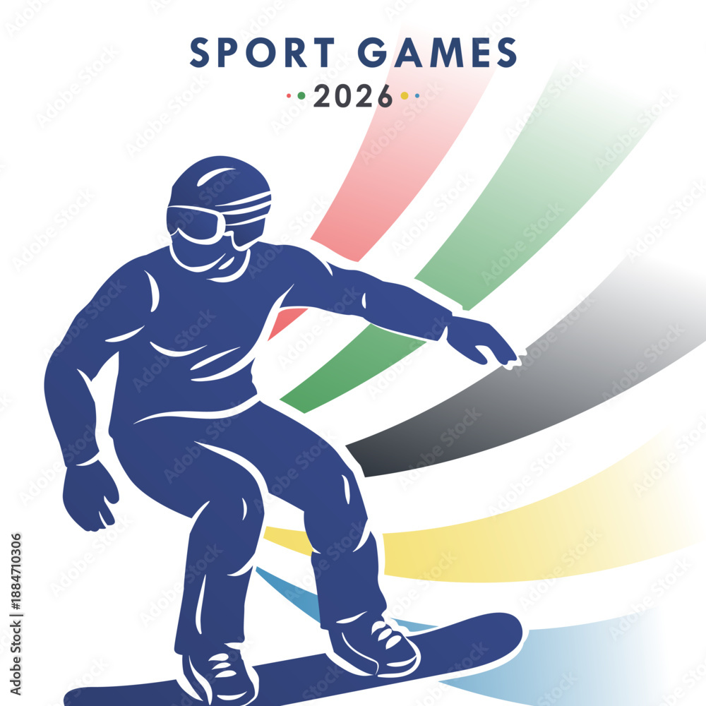 Fototapeta premium Winter sport games 2026 snowboarding vector poster. Snowboarder silhouette performing trick with curved rainbow ribbons in colors. Modern flat retro card for global winter sports championship