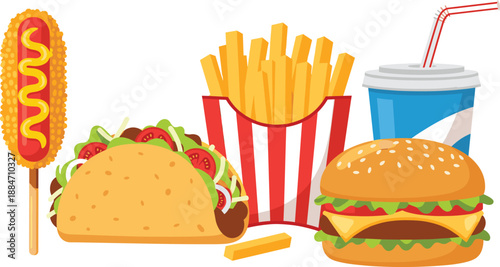 Fast Food Illustration Set Featuring Burger, Taco, French Fries, Corn Dog, and Soft Drink Cup in Bright Cartoon Style