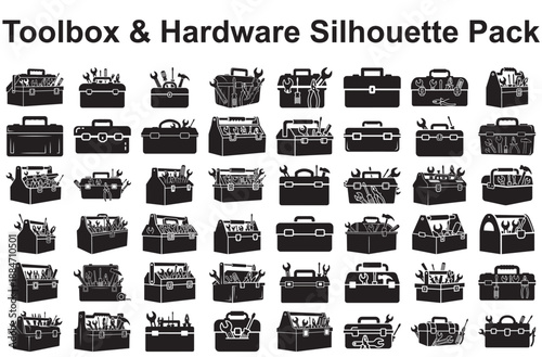 Collection of toolboxes and hardware silhouettes isolated on white background