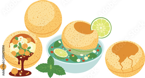Pani Puri Illustration Set Featuring Crispy Golgappa Shells, Spicy Pani Bowl, Stuffed Filling, Mint, Lime, and Traditional Street Food Elements