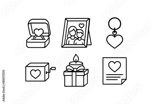 six romantic gifts jewelry box photo frame keychain with heart music box candle gift note with love quote bold black outlines minimal detail flat vector illustration no color