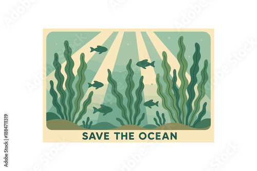 Flat vector illustration of seaweed forest with sun rays and fish silhouettes soft rounded forms save the ocean cozy eco style