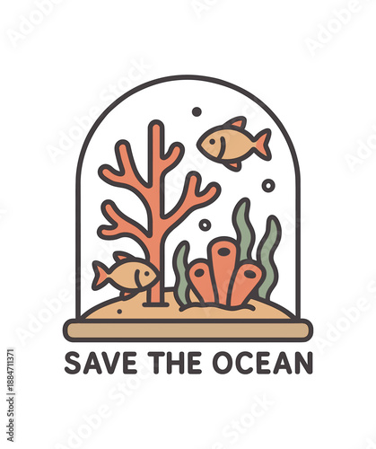 Flat vector illustration of coral and fish protected under glass dome symbol soft rounded forms save the ocean cozy eco style