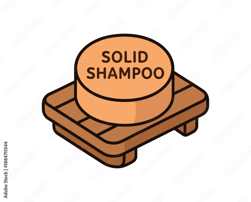 Fototapeta premium Flat vector illustration of solid shampoo bar on wooden soap dish soft plastic free lifestyle cozy eco style