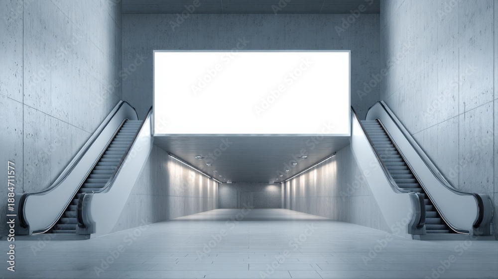 Fototapeta premium Underground Tunnel with Escalators and a Blank Billboard, Ideal for Advertising Mockups and Urban Space Visualizations