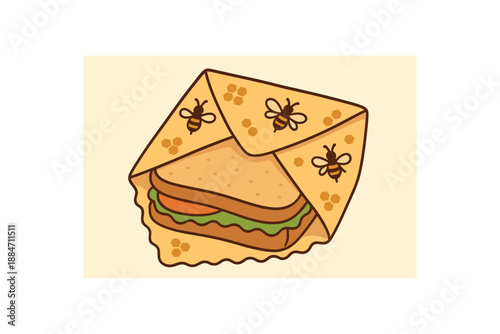 Flat vector illustration of beeswax food wrap folded around sandwich soft rounded forms plastic free lifestyle cozy eco style