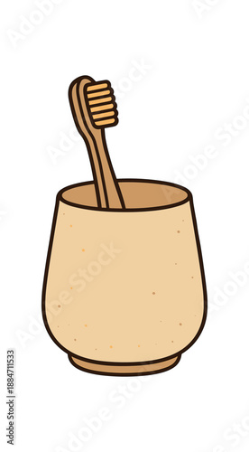 Flat vector illustration of bamboo toothbrush ceramic cup soft rounded forms plastic free lifestyle cozy eco style