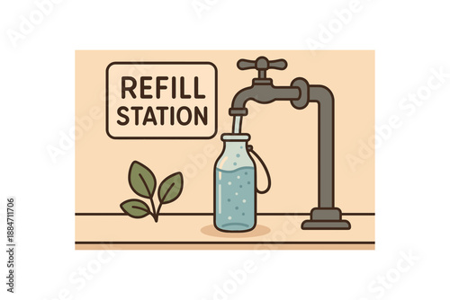 Flat vector illustration of refill station tap pouring into glass bottle soft plastic free lifestyle cozy eco style