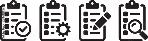 Clipboard icon. Checklist with gear, checkmarks, magnifier and pencil. Quality check line sign. Check List flat line icon. Form icon. Clipboard with gear technical support check list - stock vector.