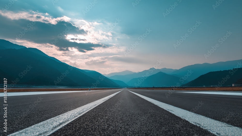 Fototapeta premium Scenic Open Road Leading to Mountains Under a Cloudy Blue Sky Perspective