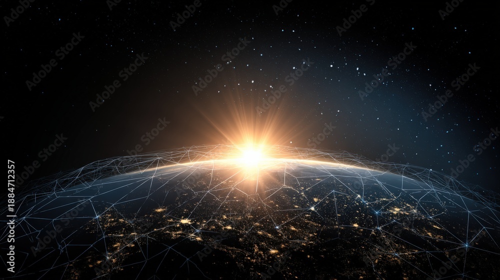 Fototapeta premium Sunrise over Earth with Digital Network Overlay: Global Connectivity and Futuristic Technology Concept