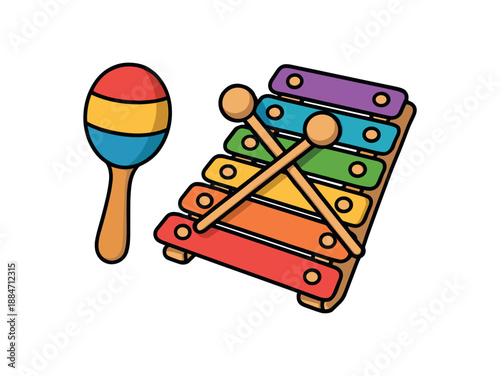 Flat vector illustration of colorful wooden maraca and xylophone kids music set