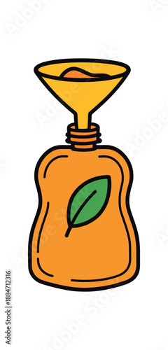 Flat vector illustration of bright reusable baby food pouch being filled with puree using funnel
