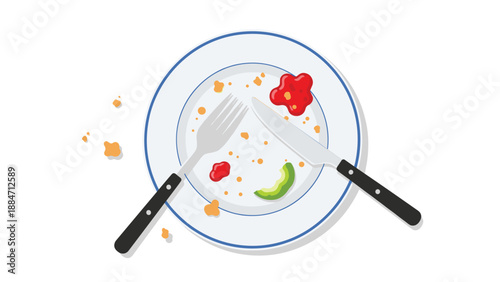 Top-down view of an empty, dirty plate with ketchup stains, a slice of green pepper, and crumbs, with a fork and knife crossed over it on a white background.