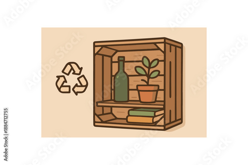 Flat vector illustration of upcycled wine crate used as shelf soft recycling and upcycling cozy eco style