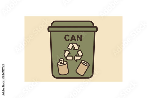 Flat vector illustration of metal can recycling bin with simple can soft rounded forms recycling and upcycling cozy eco style