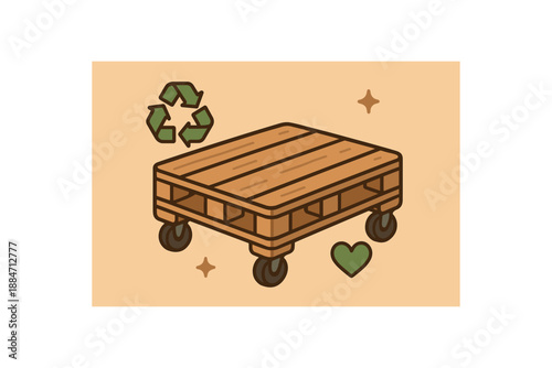 Flat vector illustration of upcycled wooden pallet coffee table with wheels soft recycling and upcycling cozy eco style
