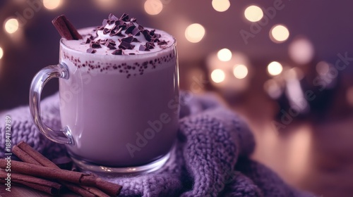 Cozy mug of rich hot chocolate topped with whipped cream and chocolate shavings resting on a knitted scarf with cinnamon sticks nearby and bokeh lights