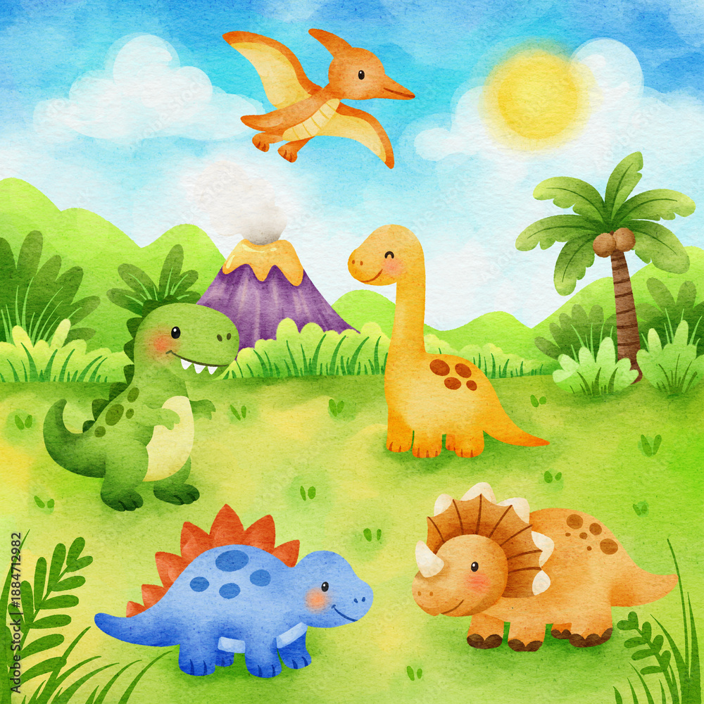 Naklejka premium Cute watercolor illustration of friendly dinosaurs playing in a prehistoric landscape with volcanoes, palm trees, and a bright sunny sky in a cheerful children’s storybook style.