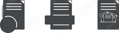 Office paper in files and a box, a box with valuable documents, sheets of paper, assets and finances, an accounting report, vector web icons, text printing on A4 paper. Contracts and applications