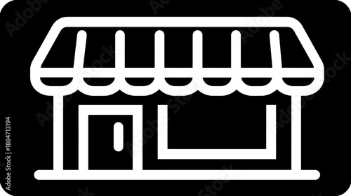 Black and white illustration of a building facade with a door, window, and awning