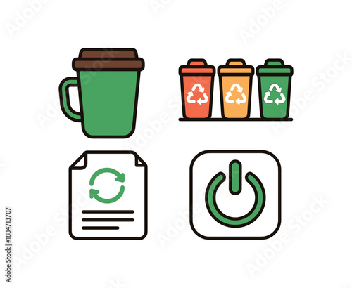 Flat vector illustration of bright eco friendly office icon 4 (reusable mug recycling bins double sided paper power off switch) isolated on