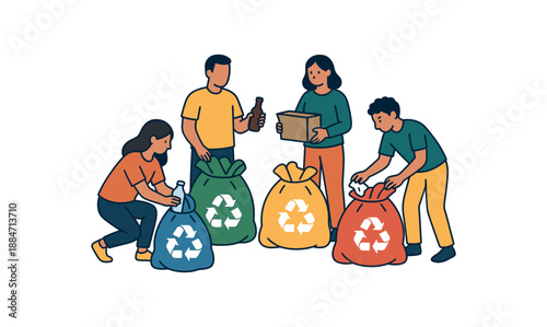 Flat vector illustration of colorful group sorting collected trash into separate recycling sacks by color