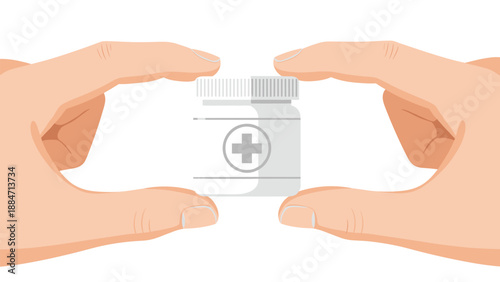 Two hands carefully holding a white cylindrical medicine bottle with a prominent cross symbol on the label, isolated against a white background.