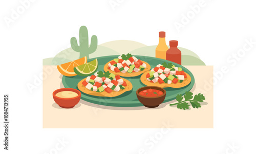 Flat vector illustration of Mexican food tostadas de ceviche platter with citrus slices and herbs as minimal shapes style clean 2D shapes no outlines minimal details matte colors layered