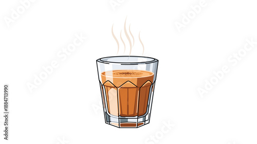 A transparent glass cup filled with steaming hot chai tea, featuring visible steam rising from the surface, isolated on a white background.
