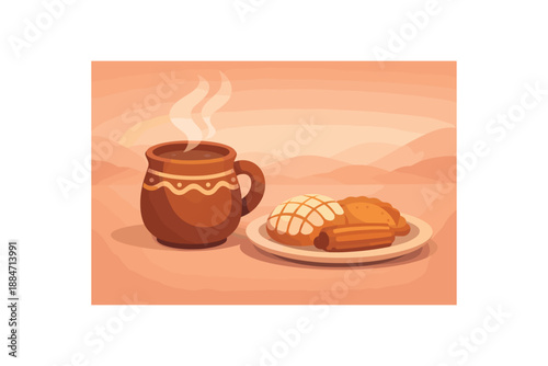 Flat vector illustration of Mexican food champurrado mug silhouette with steam haze and pastry shapes on plate style clean 2D shapes no outlines minimal details matte colors layered depth