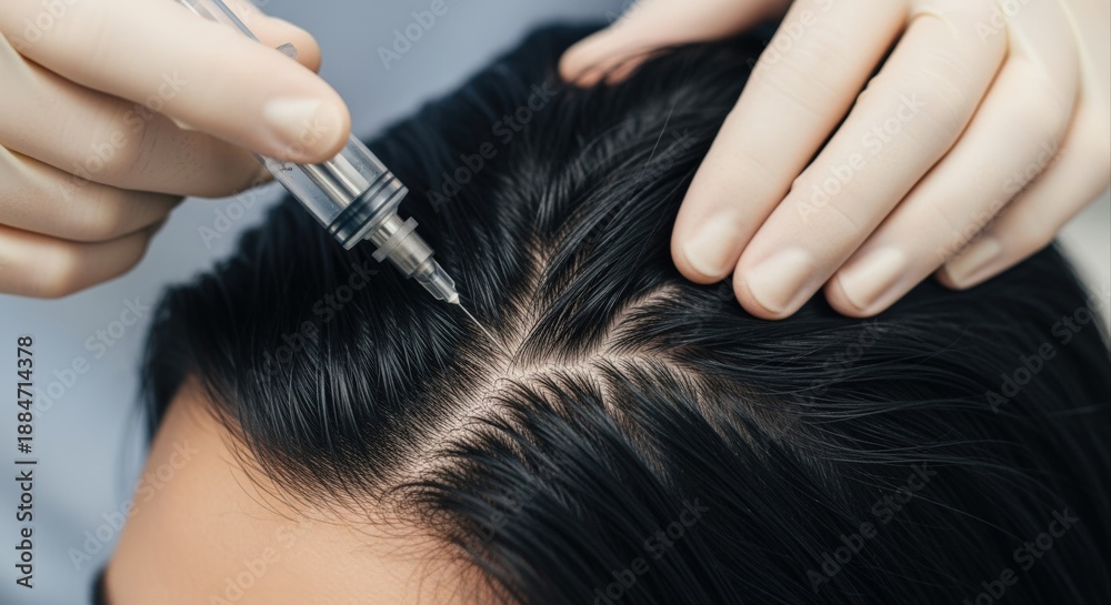 Fototapeta premium Hair Mesotherapy Treatment Close-Up: Professional Injecting Scalp for Hair Growth and Revitalization in Dermatology Clinic