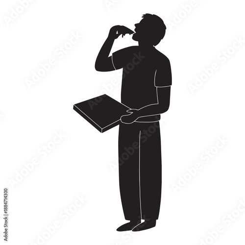 Hand-drawn illustration of a man eating pizza, black silhouette