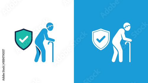 Vector Illustration of Elderly Person with Cane and Shield Protection
