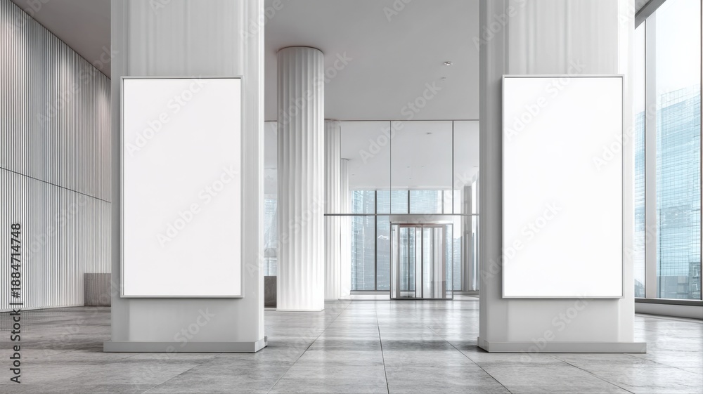 Fototapeta premium Modern Office Lobby with Blank Posters, Ideal for Advertising Mockups and Corporate Communications