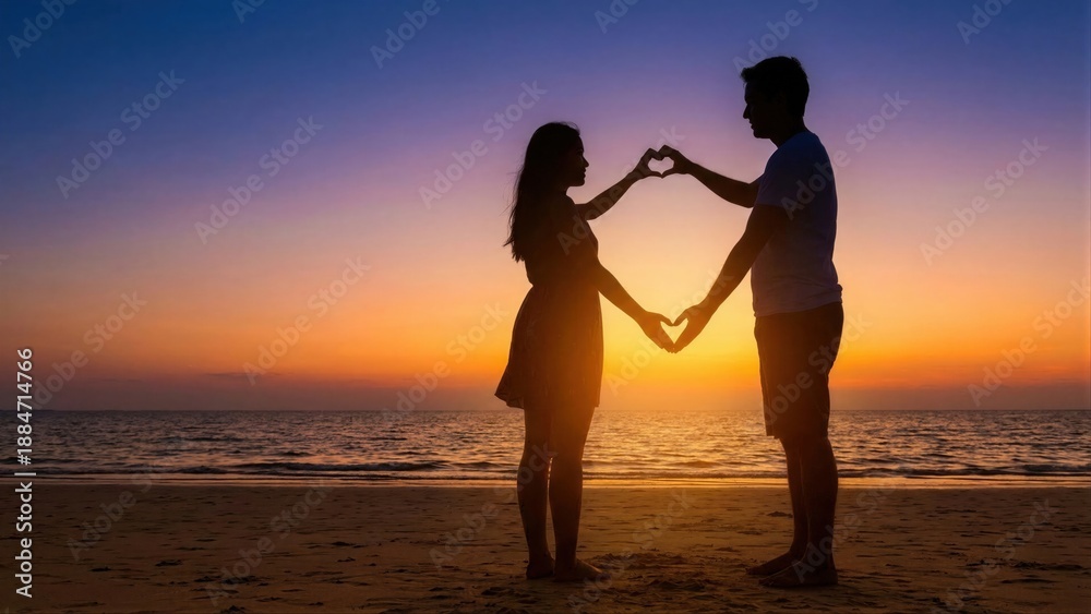 Fototapeta premium Man and woman silhouette making a heart shape with hands during sunset on the beach. Love, romance, and togetherness for Valentines Day