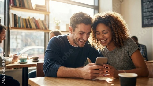 Young man and african american woman laughing at smartphone while seated in a cozy coffee shop. Couple enjoys mobile app or social media content