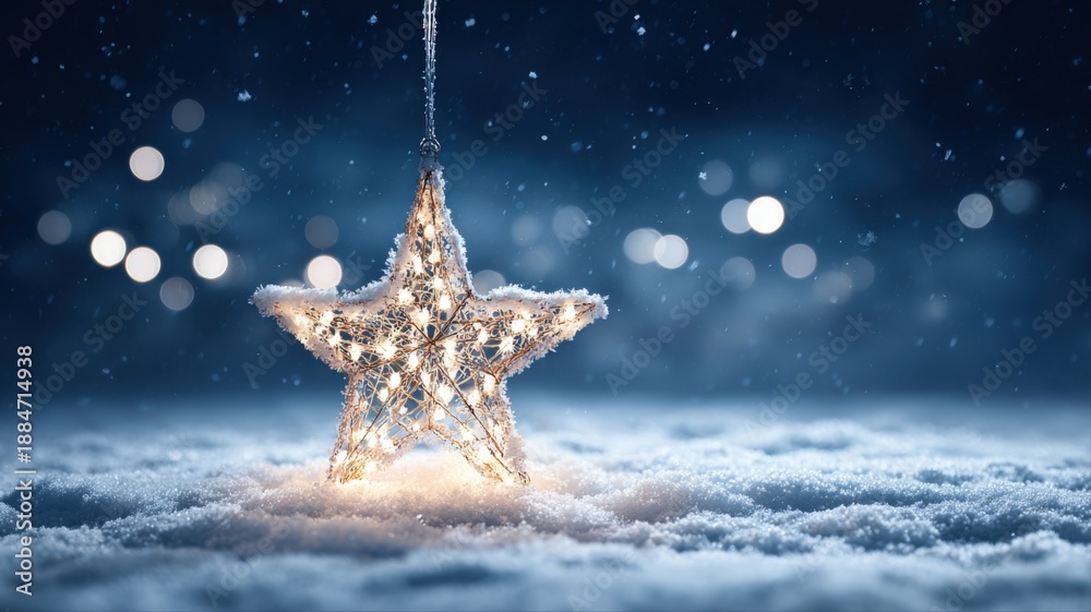 Fototapeta premium Glowing Star Ornament on Snowy Surface with Bokeh Lights, Winter Holiday Season Celebration