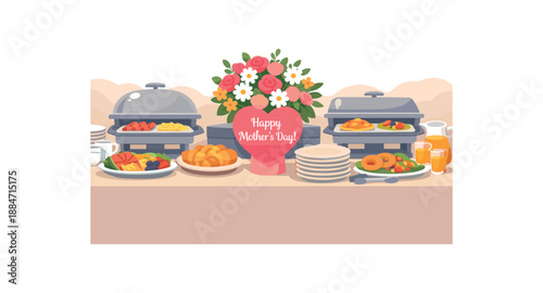 Flat vector illustration of Mother Day brunch buffet moment without people: serving trays stacked plates and centerpiece bouquet style clean 2D shapes no outlines minimal details matte