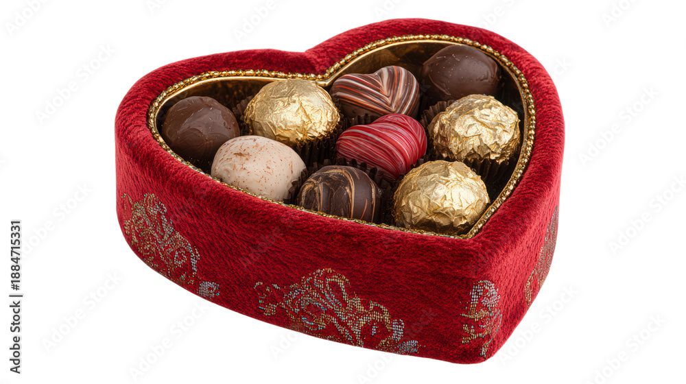 Obraz premium Red heart shaped box of chocolate truffles with various fillings are perfect gift to celebrate holidays like valentine's day and anniversaries