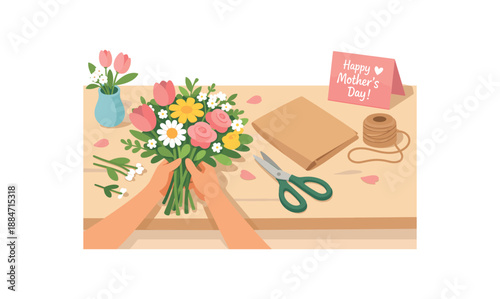 Flat vector illustration of Mother Day flower arranging with stems paper wrap twine and scissors on table style clean 2D shapes no outlines minimal details layered depth simplified
