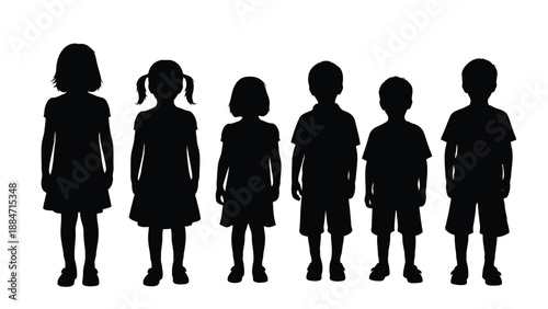Vector Illustration of Silhouettes of Children Standing in a Row